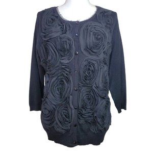 FAENZA Womens Sweater Size L Black Cardigan Button Chiffon Flowers Lightweight